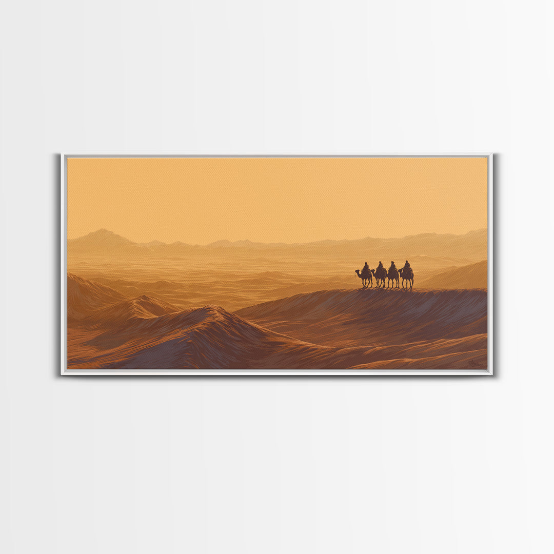 Golden Desert Caravan Silhouette Wall Art, African Landscape, Sahara Travel Poster, Earth Tone Wall Decor, Living Room Art