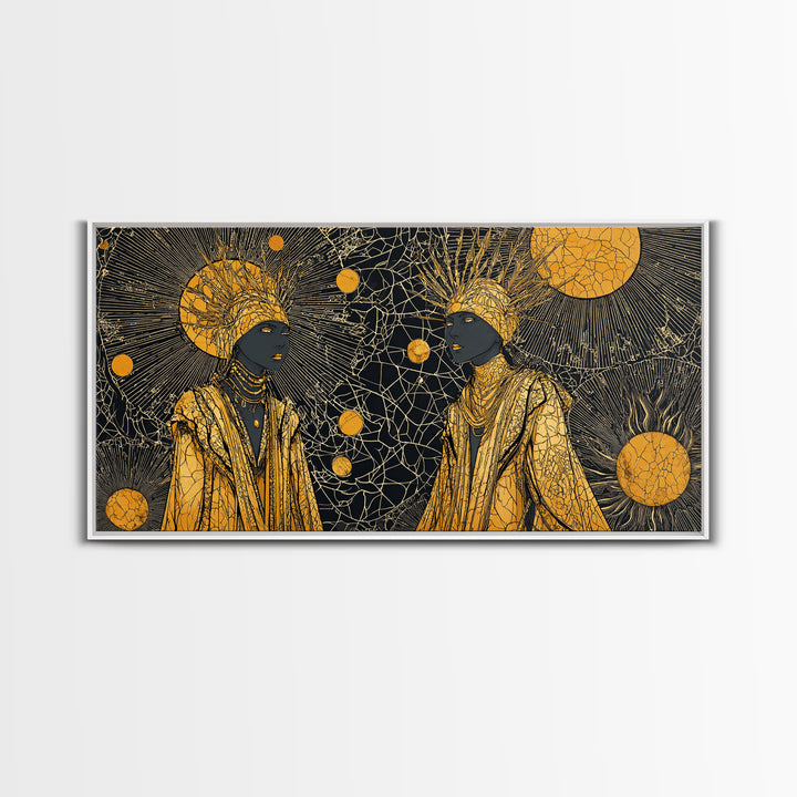 Two Regal African Women Canvas Print, Gold Celestial Portrait, Black Woman Art, Afrocentric Wall Art, Elegant Home Decor