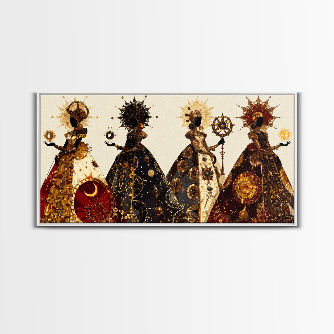 Four Celestial African Queens Framed Canvas Print, Black Goddess Art, Gold Spiritual Wall Decor, Afrocentric Artwork Gift