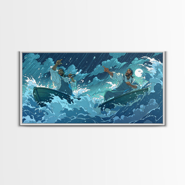 Stormy Sea Boatmen Wall Art, Blue Ocean Waves, African Inspired Spiritual Art, Fishermen Canvas, Dramatic Home Decor Gift