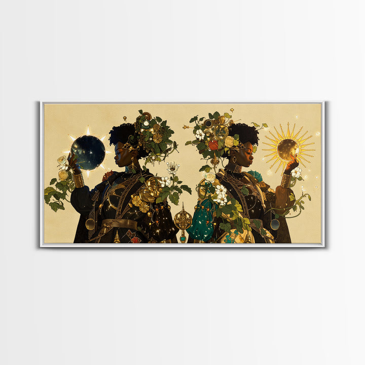 Celestial African Queens With Sun And Moon Framed Canvas Print, Afrocentric Wall Decor, Black Goddess Portrait Art Gift For Her