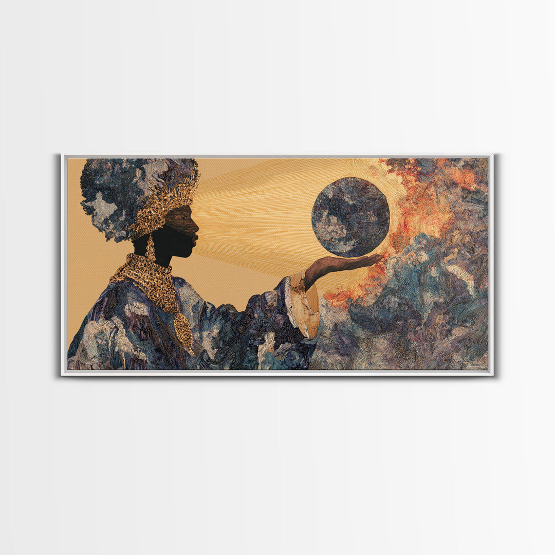 Eclipse African Woman Holding Moon Canvas Print, Afrocentric Wall Art, Black Female Portrait, Celestial Home Decor Gift Idea