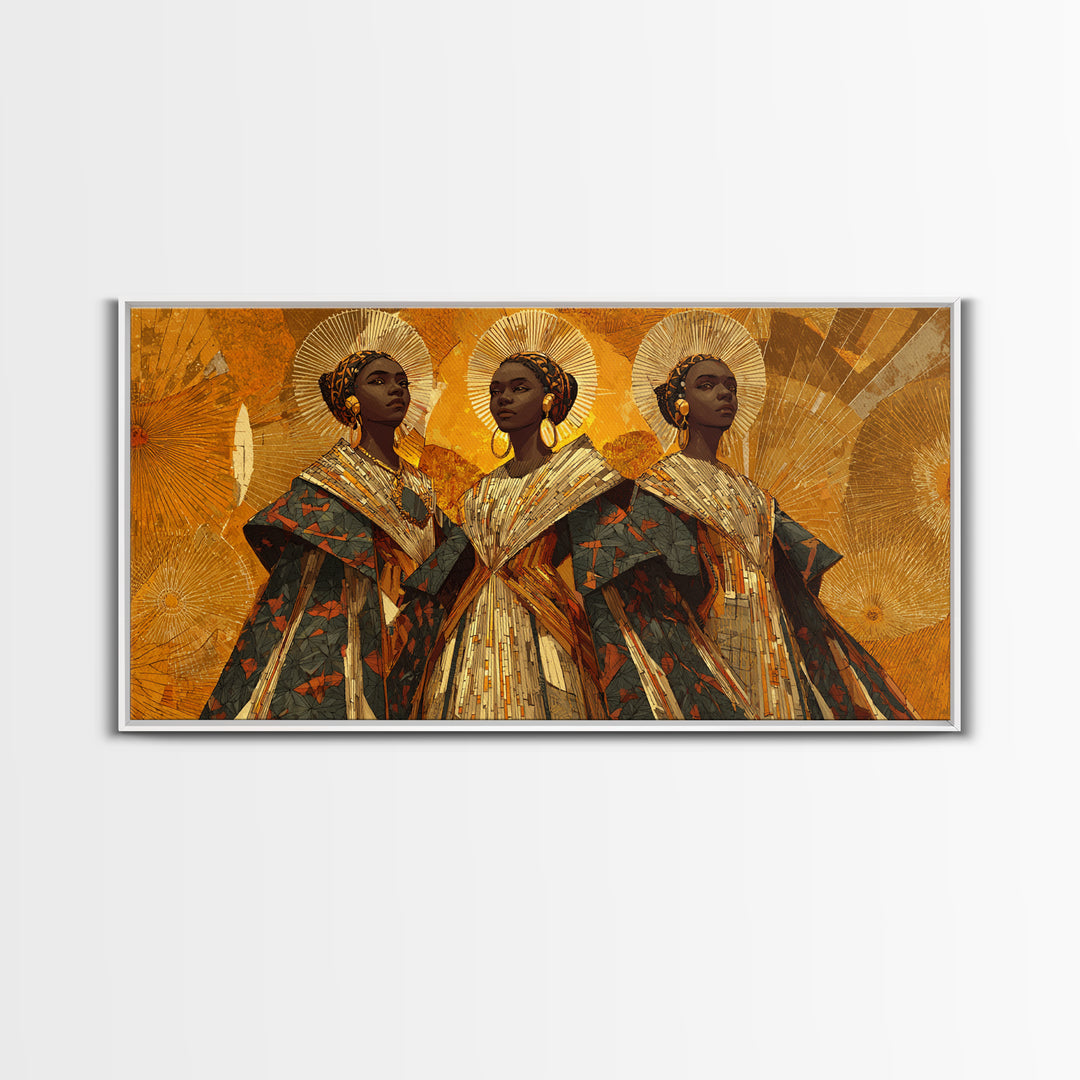 Three Regal African Women In Gold Halos Framed Canvas Print, African Wall Art, Black Queen Portrait, Afrocentric Decor Gift