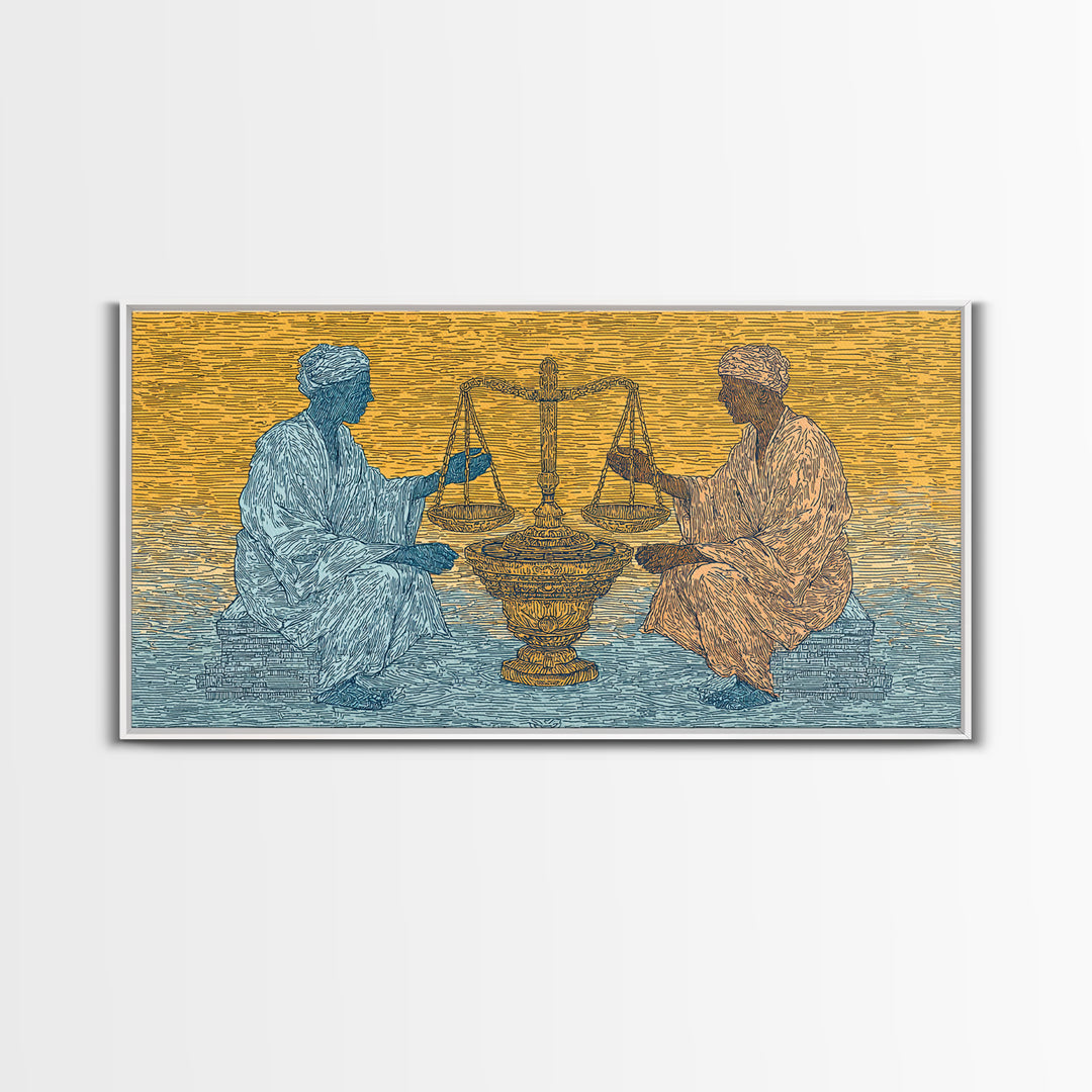 African Elders With Scales Of Justice Canvas Print, Cultural Wall Art, Legal Office Decor, Tribal Wisdom Art Gift For Him