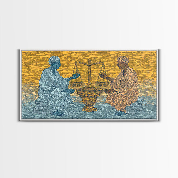 African Elders With Scales Of Justice Canvas Print, Cultural Wall Art, Legal Office Decor, Tribal Wisdom Art Gift For Him
