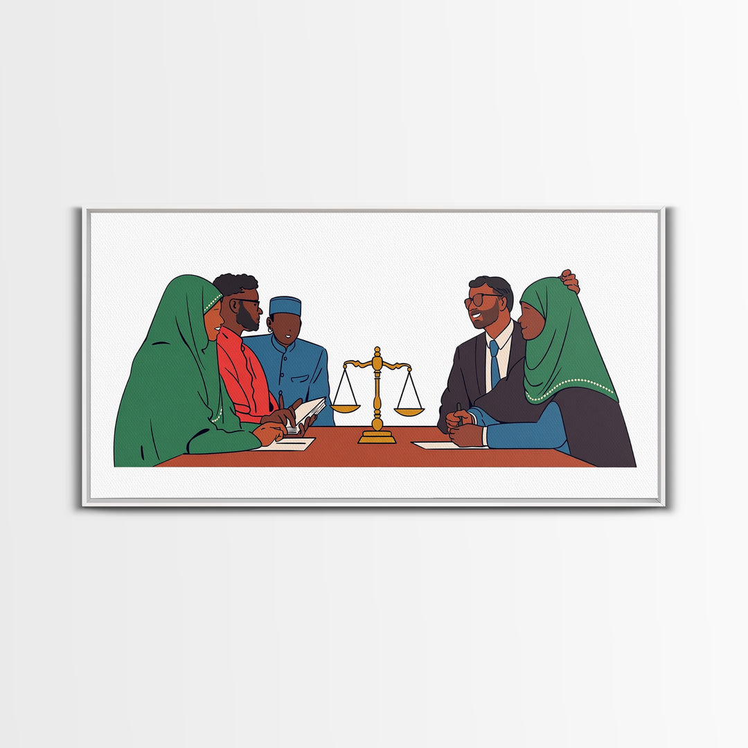 Muslim Family Mediation With Golden Scales Wall Art, Canvas Print, Legal Office Decor, Cultural Meeting Room Artwork Gift