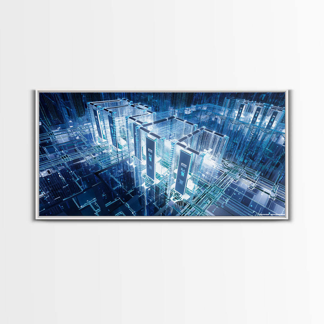 Blue Afrofuturist Data City, Glowing Digital Towers Wall Art, Modern African Abstract, Tech Office Decor, Unique Canvas Gift
