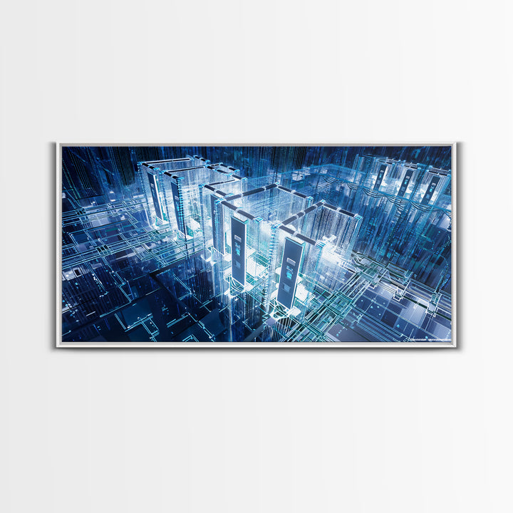 Blue Afrofuturist Data City, Glowing Digital Towers Wall Art, Modern African Abstract, Tech Office Decor, Unique Canvas Gift
