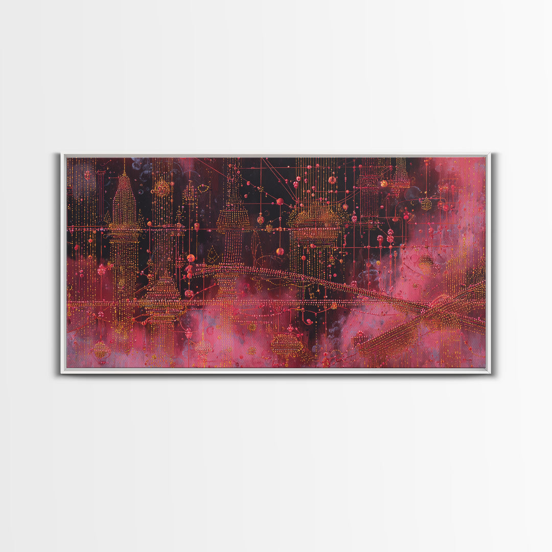 Crimson Circuit Dreamscape With Golden Towers Canvas Print, Modern African Art Abstract, Afrofuturism Decor, Bold Wall Decor
