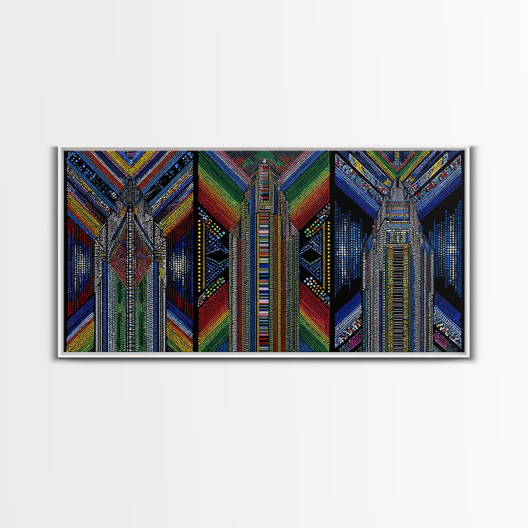 Geometric Beadwork Triptych Towers Wall Art, Abstract African Art, Ankara Pattern Decor, Modern Tribal Canvas Print Gift