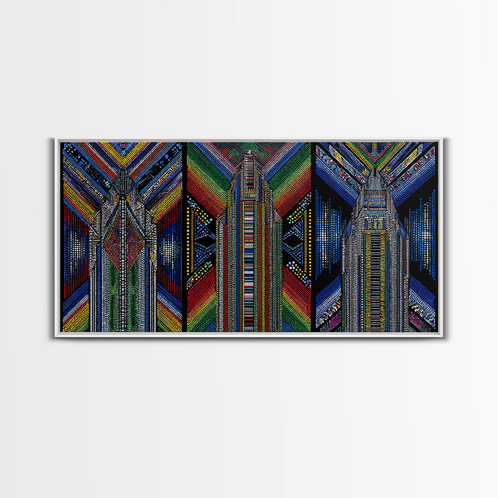 Geometric Beadwork Triptych Towers Wall Art, Abstract African Art, Ankara Pattern Decor, Modern Tribal Canvas Print Gift