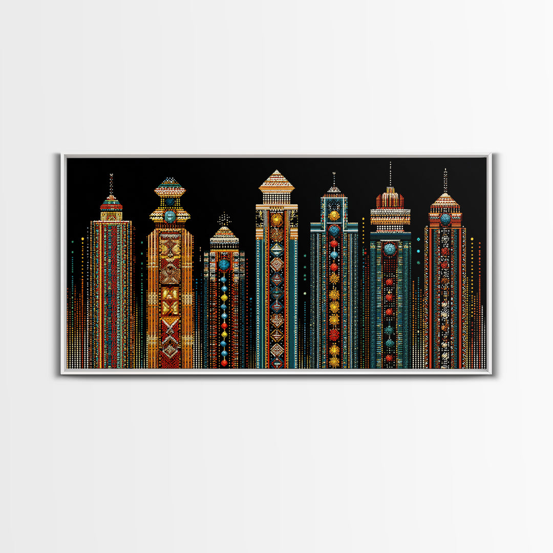 Ornate African Futurist Towers Framed Canvas Print, Tribal Pattern Wall Art, Black Culture Art, Elegant Home Decor, Unique Gift