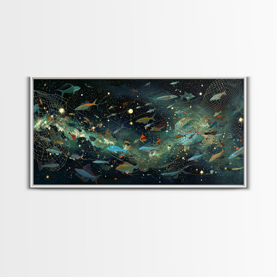 Cosmic Underwater Fish Galaxy Wall Art, Dreamy Ocean Canvas Print, African Inspired Nature Scene Art, Teal Modern Decor Gift