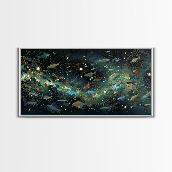 Cosmic Underwater Fish Galaxy Wall Art, Dreamy Ocean Canvas Print, African Inspired Nature Scene Art, Teal Modern Decor Gift