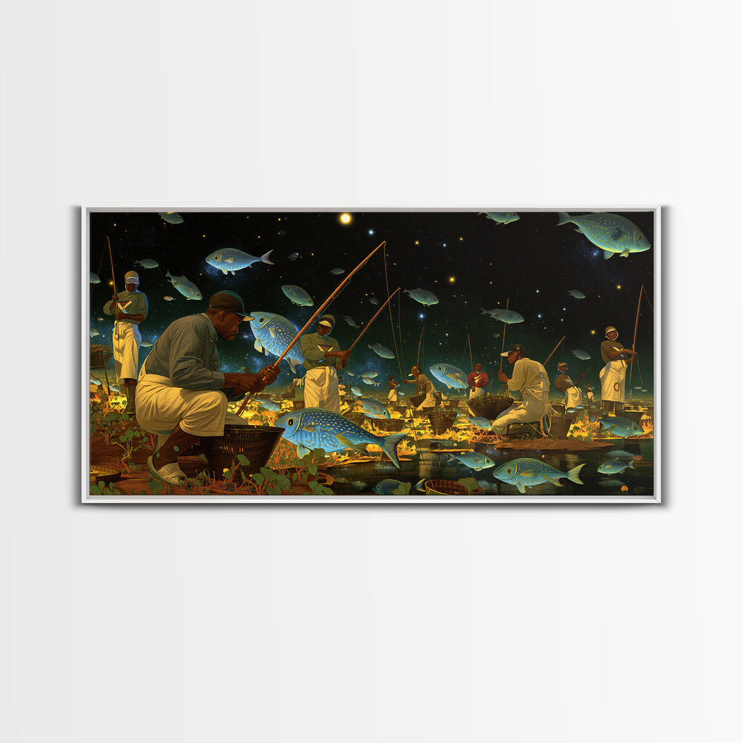 Black Fishermen Under Starry Fish Sky Canvas Print, African Wall Art, Afrocentric Culture Art, Magical Night Decor, Unique Gift