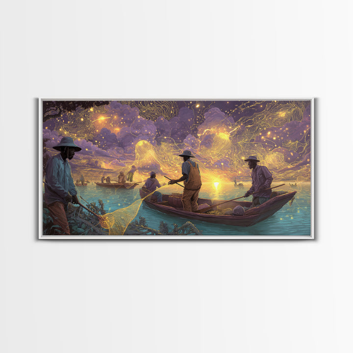 Golden Sunset Fishermen And Glowing Nets Wall Art, African Inspired Landscape, Black Culture Art, Serene Boat Canvas Print
