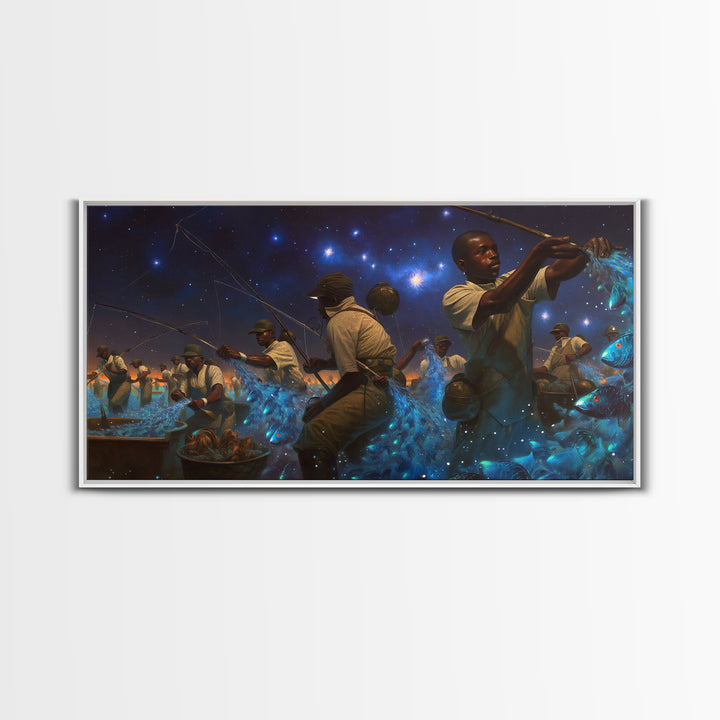 Starlit African Night Fishermen With Glowing Blue Fish Canvas Print, Afrocentric Wall Decor, Black Culture Art, Unique Home Decor