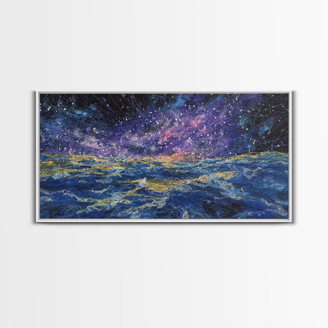 Galaxy Ocean Waves Under Starry Sky Canvas Print, Abstract Wall Art, Blue Gold Seascape, Dreamy Modern Home Decor, Large Decor Art