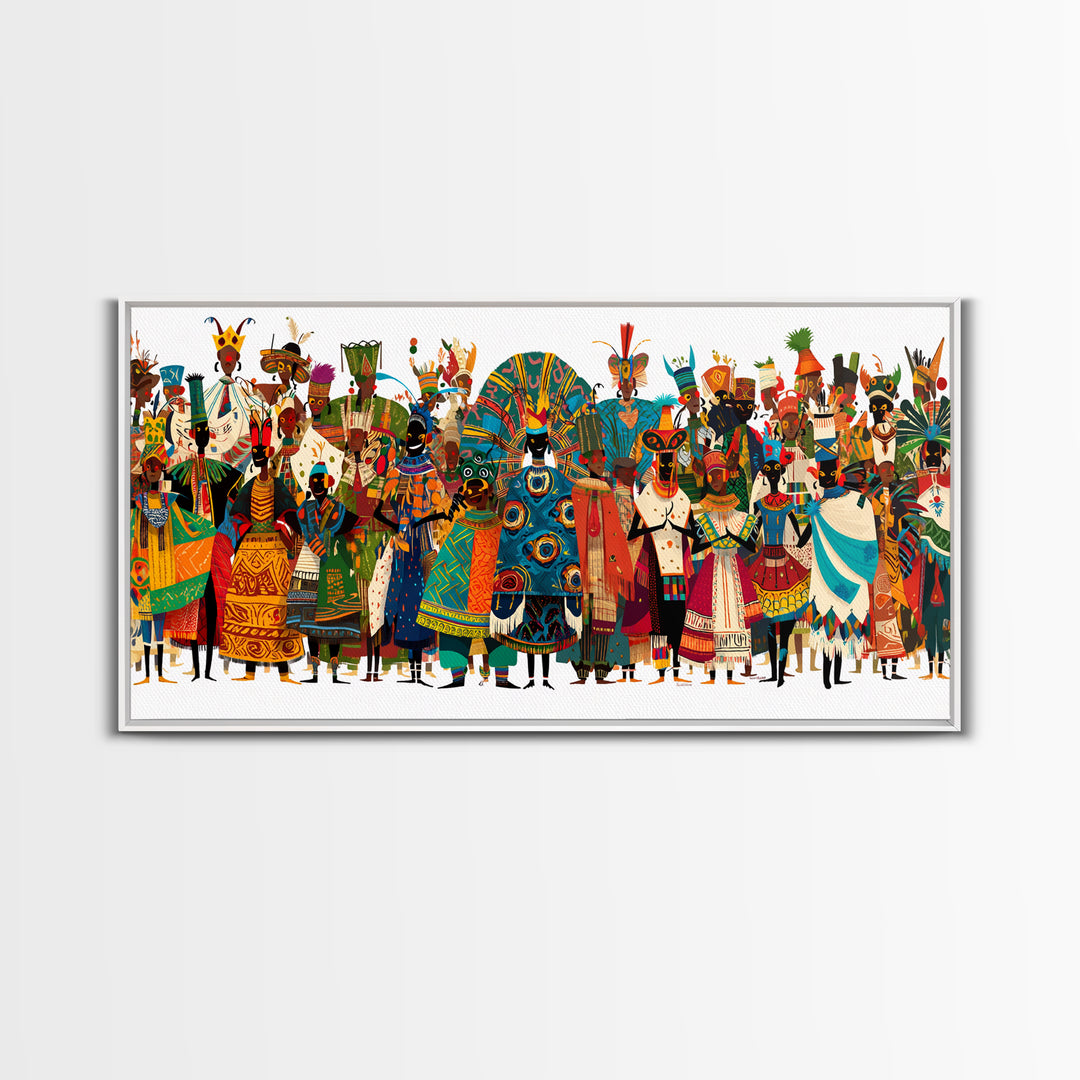 Vibrant African Tribal Festival Crowd With Masks Canvas Print, Afrocentric Wall Art, Colorful African Art, Cultural Decor