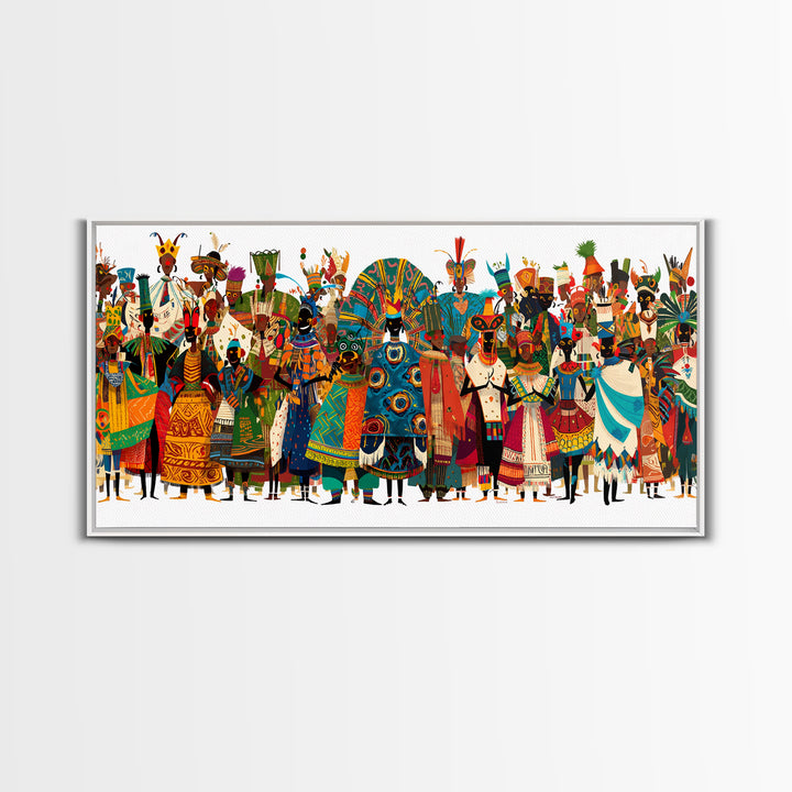 Vibrant African Tribal Festival Crowd With Masks Canvas Print, Afrocentric Wall Art, Colorful African Art, Cultural Decor