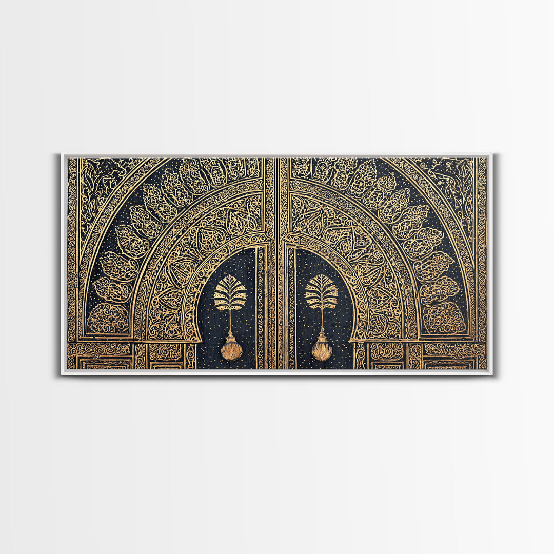 Gold Ornate African Arch Door With Palm Motifs Framed Canvas Print, Moroccan Wall Decor, Cultural Home Decor, Black Gold Art