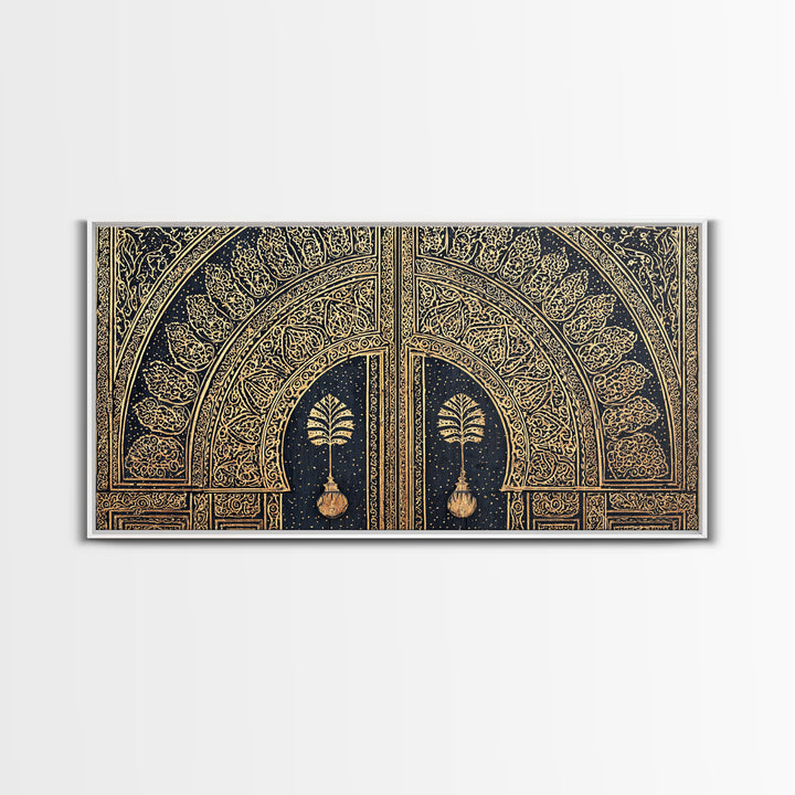 Gold Ornate African Arch Door With Palm Motifs Framed Canvas Print, Moroccan Wall Decor, Cultural Home Decor, Black Gold Art