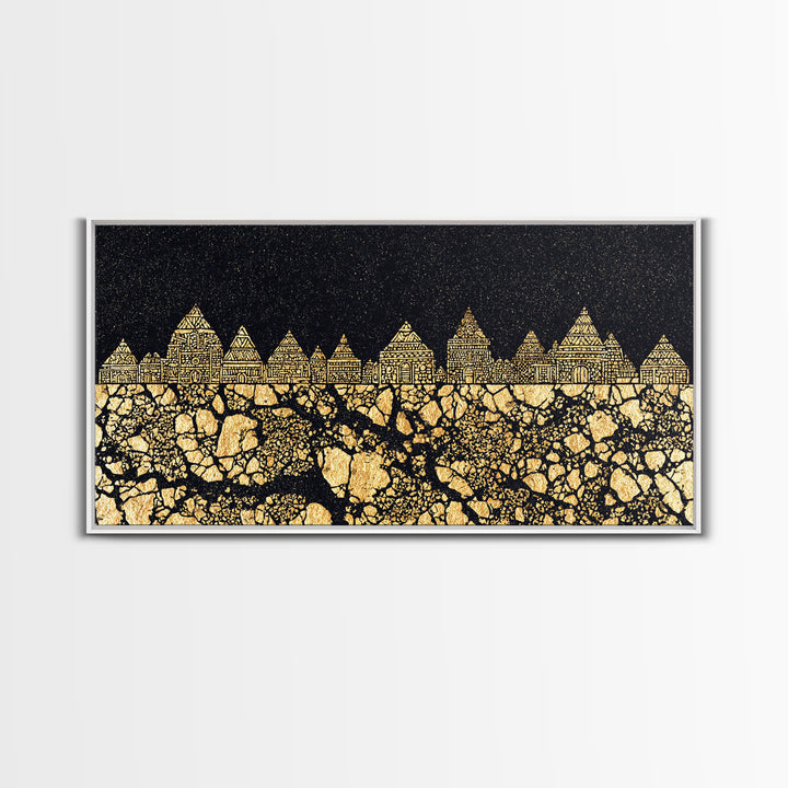 Golden Tribal Village Under Stars Canvas Print, African Tribal Art, Black And Gold Art, Cultural Wall Decor, Statement Piece
