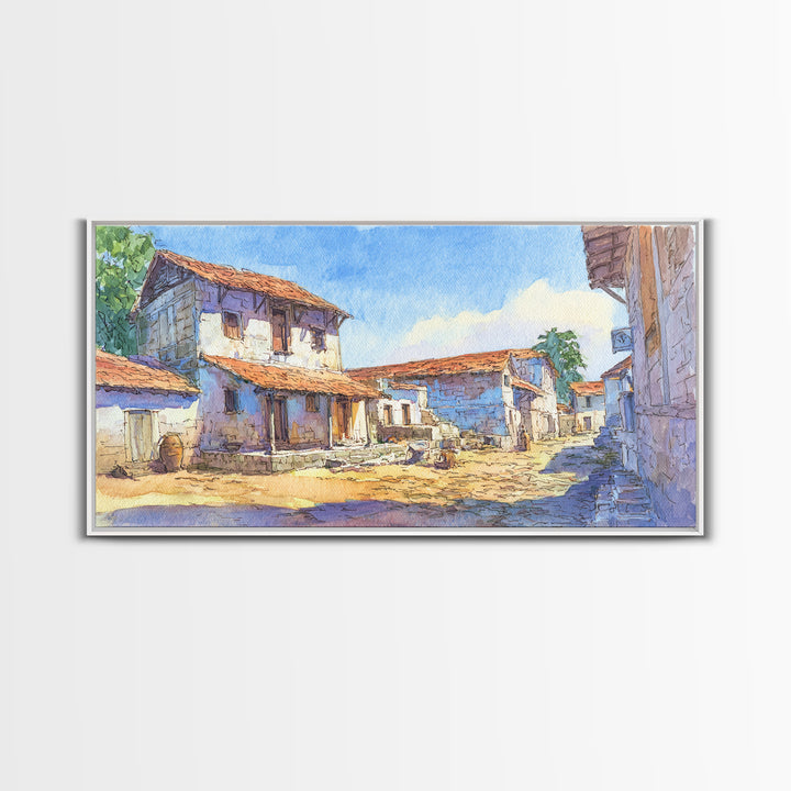 Sunlit African Village Street Wall Art, Rustic Blue Houses Painting, African Landscape, Cultural Home Decor, Large Wall Art