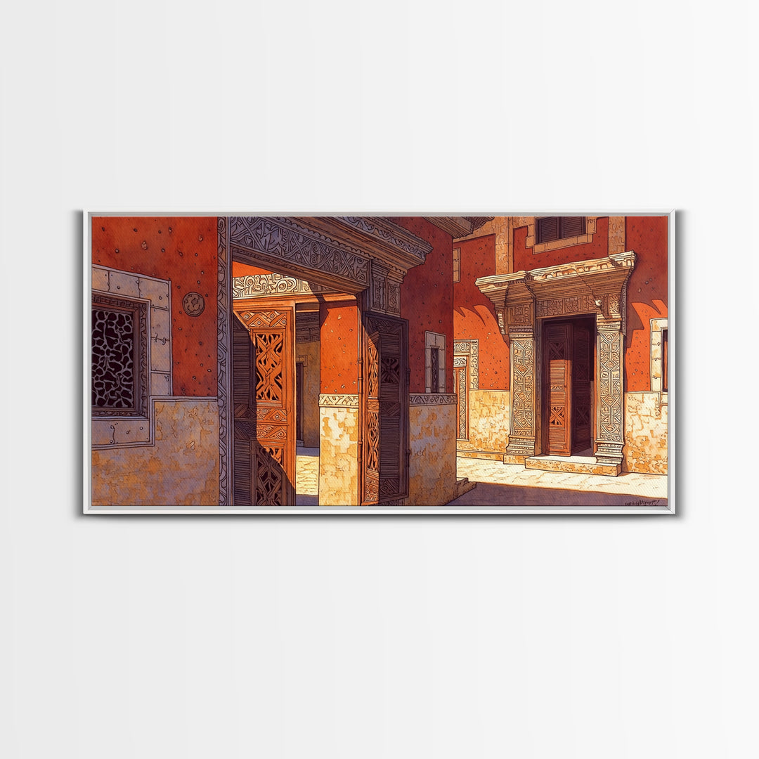 Ornate Orange African Doorway Framed Canvas Print, Swahili Architecture Art, African Wall Decor, Bold Home Decor Gift For Him