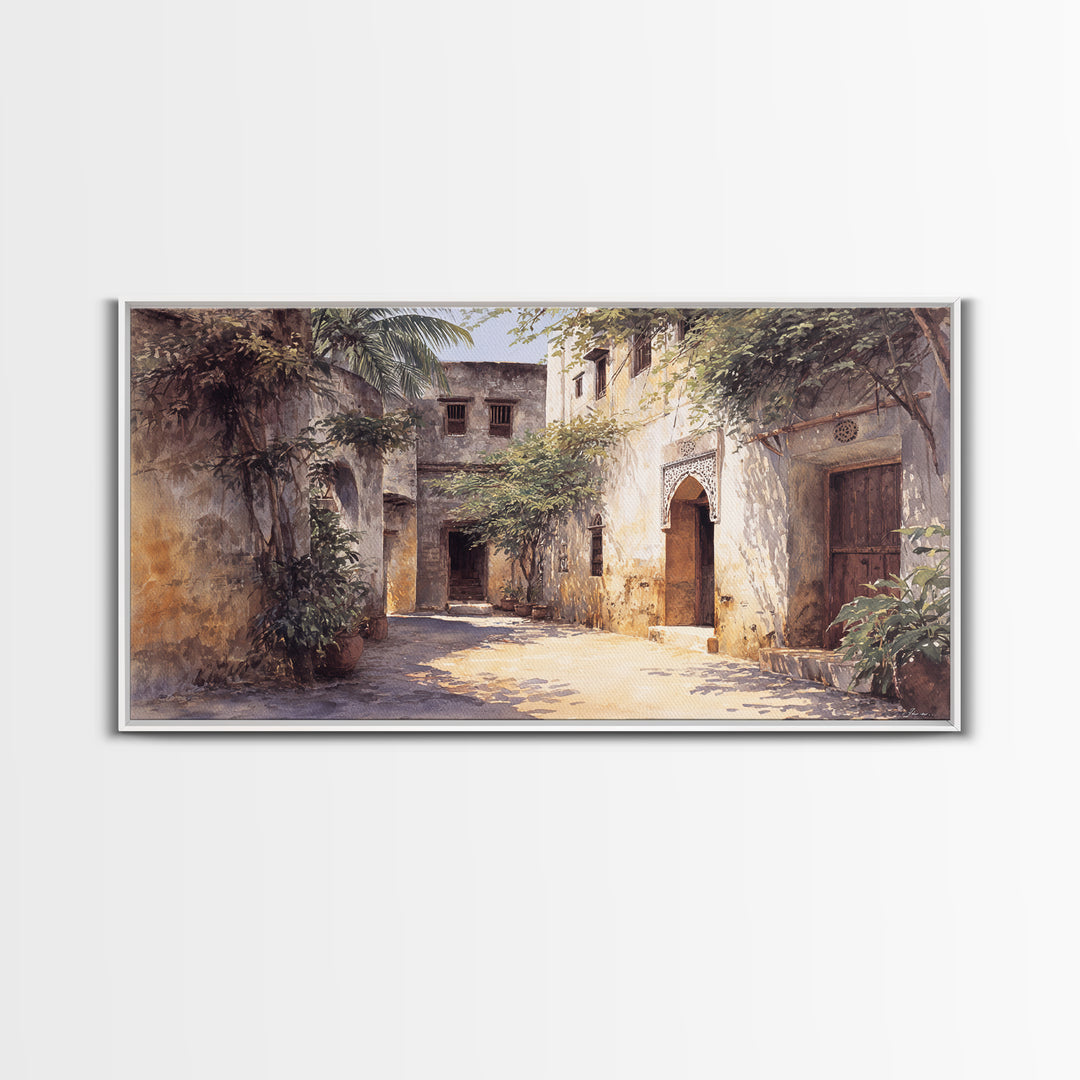 Shaded Tropical African Courtyard Wall Art, Old Stone Doorway Painting, African Home Decor, Boho Wall Decor, Unique Gift