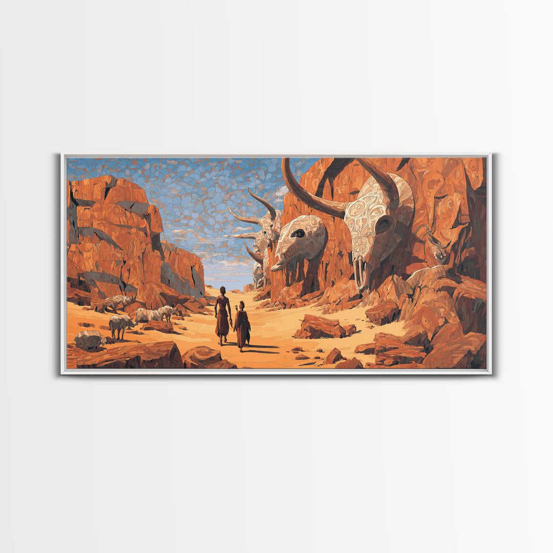 African Desert Canyon With Horned Skulls Wall Art, Tribal Journey Painting, African Warrior Art, Rustic Safari Decor Gift