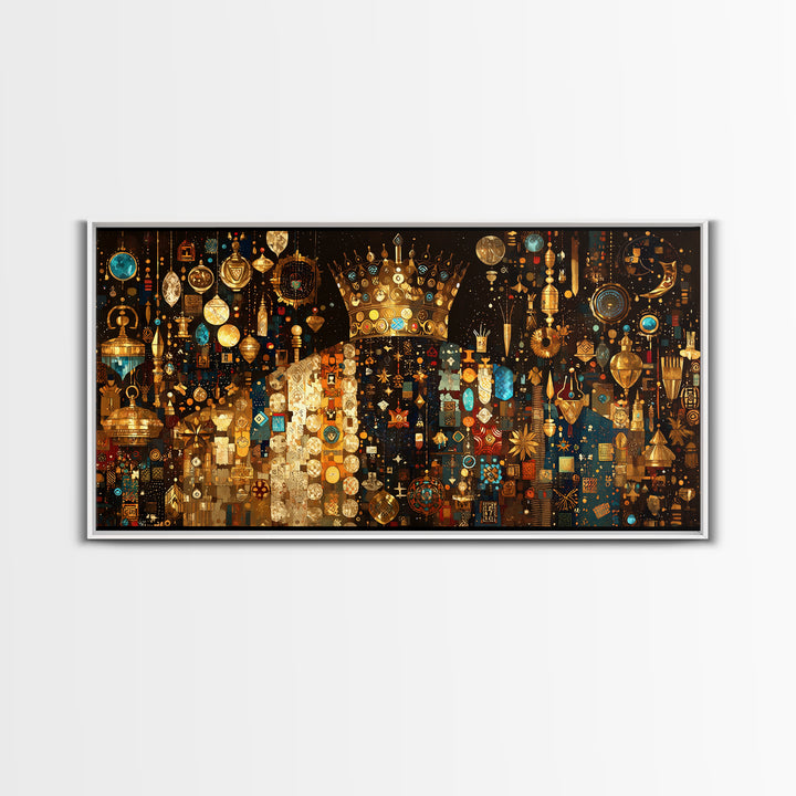 Jeweled African Queen In Gold And Turquoise Framed Canvas Print Black Goddess Art, Luxury Afrocentric Wall Decor Gift For Her