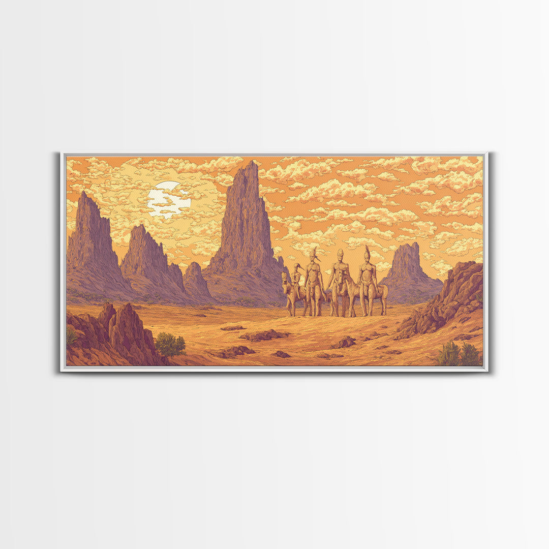 Five Desert Warriors Beneath Orange Sun Canvas Print African Warrior Art, Tribal Landscape Decor, Bold Southwest Wall Art Print