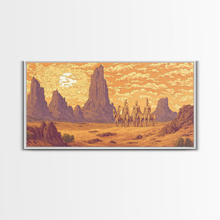 Five Desert Warriors Beneath Orange Sun Canvas Print African Warrior Art, Tribal Landscape Decor, Bold Southwest Wall Art Print