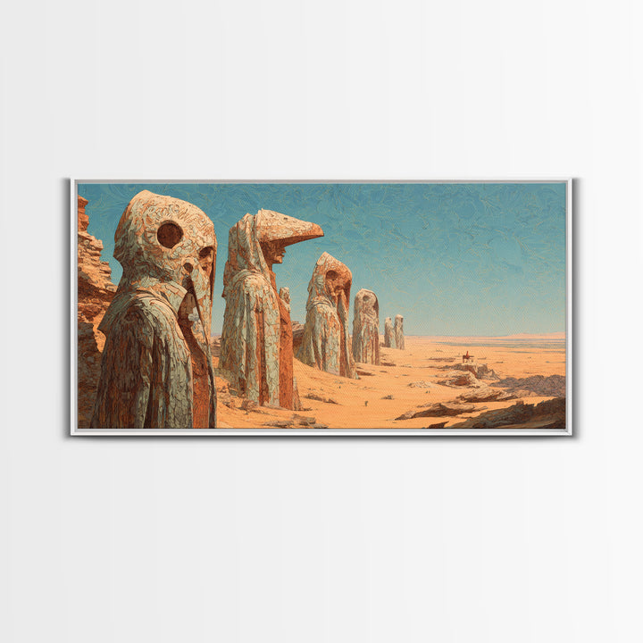 Colossal Desert Mask Monuments Under Blue Sky Wall Art African Mask Art, Ancient Tribal Decor, Mystical Landscape Print Gift