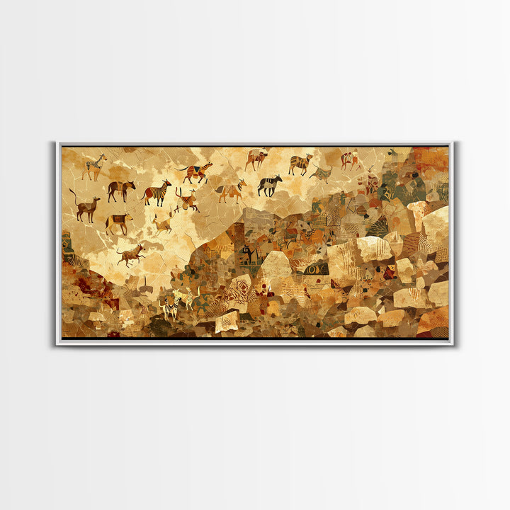 Ancient Herds Above Earthen Village Wall Art African Safari Art, Tribal Culture Landscape, Earth Tone Home Decor For Living Room