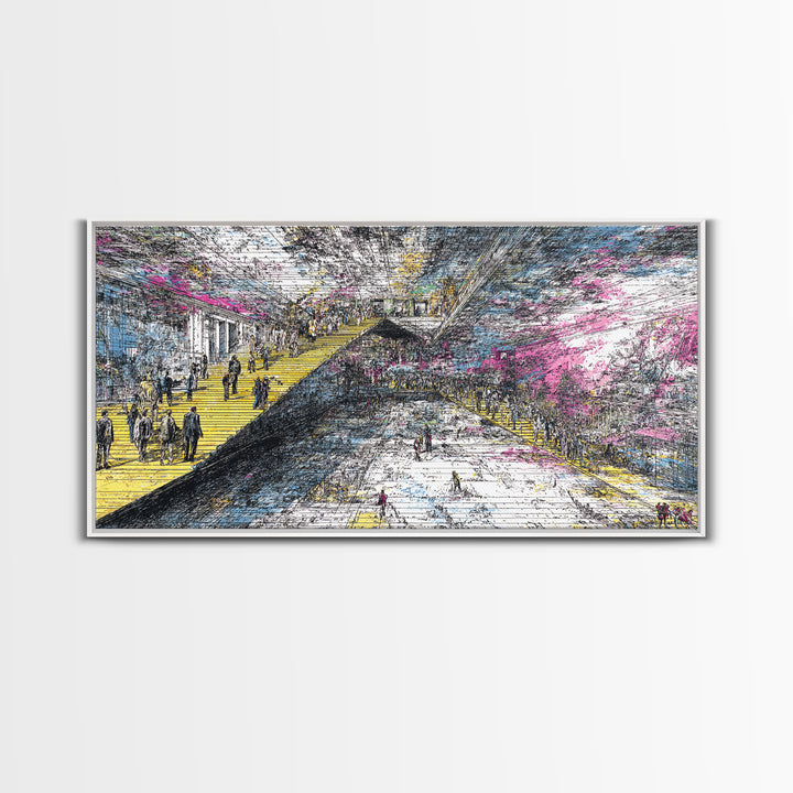 Futuristic City Transit Sketch With Yellow Stairs Wall Art, Urban Modern Art Print, Abstract Gallery Decor, Statement Canvas