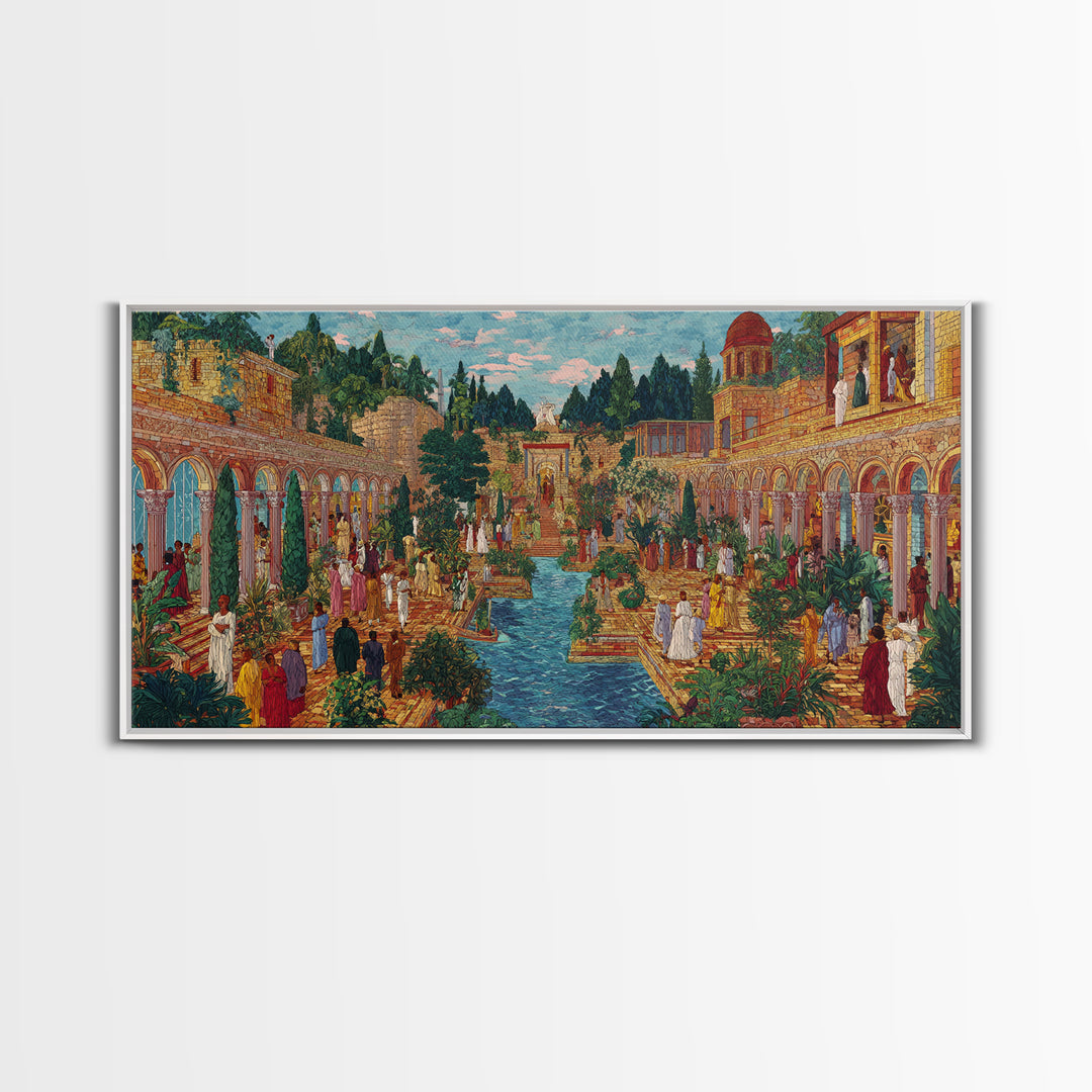 Lush Palace Garden With Arches And Pool Framed Canvas Print, African Inspired Wall Art, Elegant Cultural Home Decor Gift