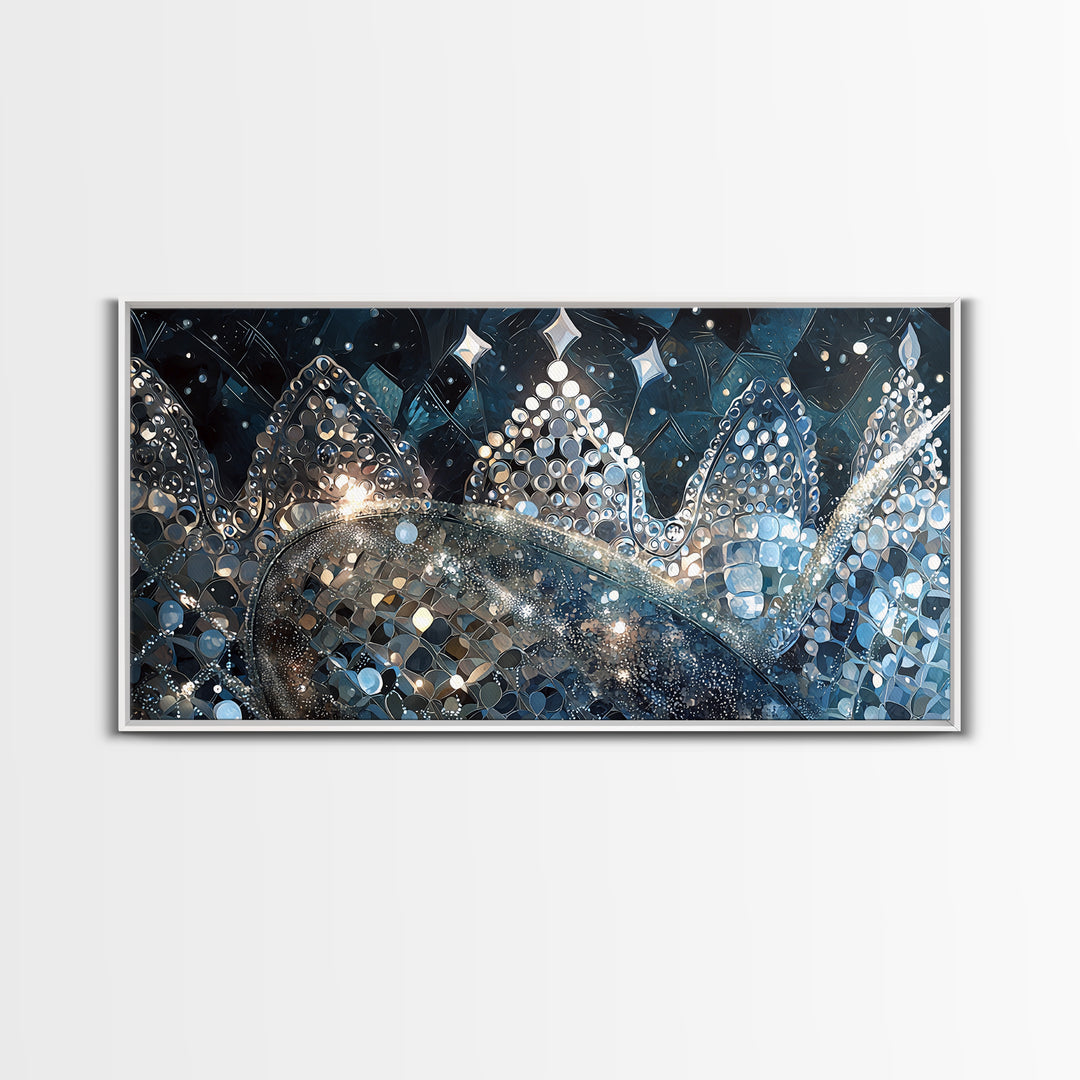 Jeweled Blue Silver Crowns And Stars Canvas Print, Abstract Wall Art, Luxury Black Gold Decor, Dreamy Modern Gallery Gift