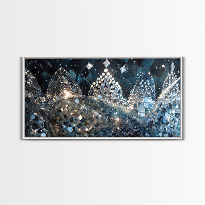 Jeweled Blue Silver Crowns And Stars Canvas Print, Abstract Wall Art, Luxury Black Gold Decor, Dreamy Modern Gallery Gift