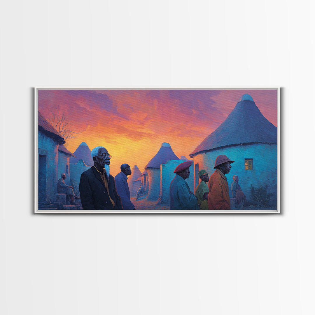 Blue Round Huts At Fiery Sunset Wall Art, African Village Painting, Afrocentric Decor, Cultural Landscape Canvas Print Gift