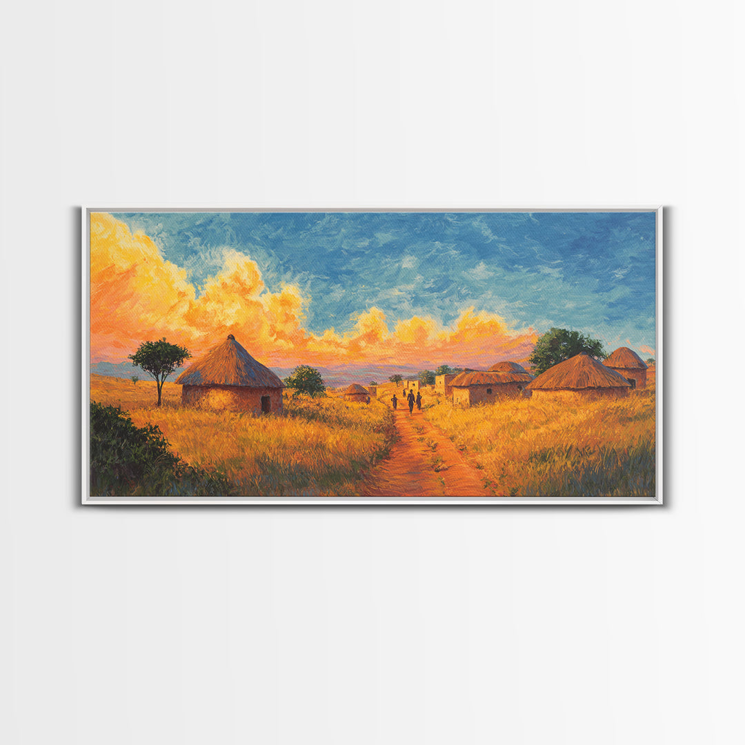 Golden Savanna Huts Under Brilliant Clouds Canvas Print, African Landscape Wall Art, Safari Decor, Motherland Home Art Gift