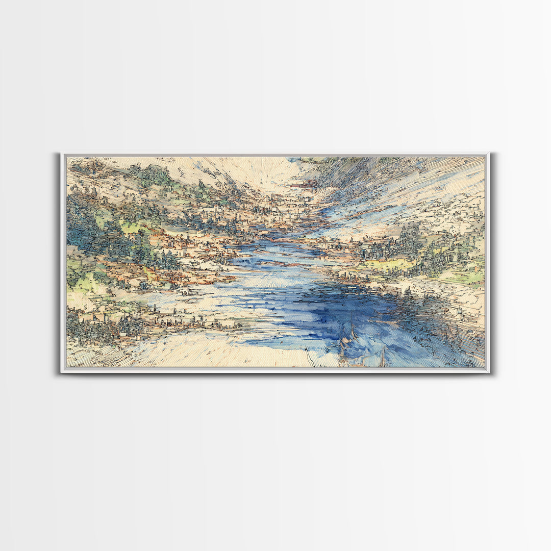 Blue Mountain Valley River And Villages Wall Art, African Landscape Art Print, Serene Nature Decor, Modern Canvas Home Gift