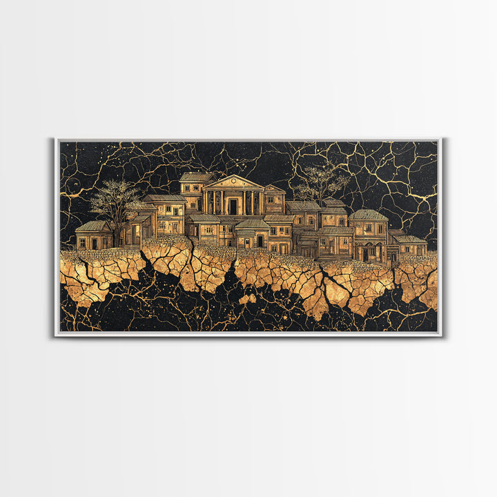 Golden Ancestral Palace On Cracked Stone, Luxury African Wall Art, Black Gold Architecture, Statement Living Room Decor Gift