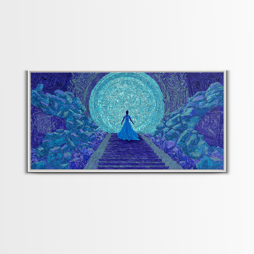 Blue Goddess Before Luminous Moon And Stone Stairway Framed Canvas Print, Mystical Wall Art, Spiritual Afrocentric Bedroom Decor Gift