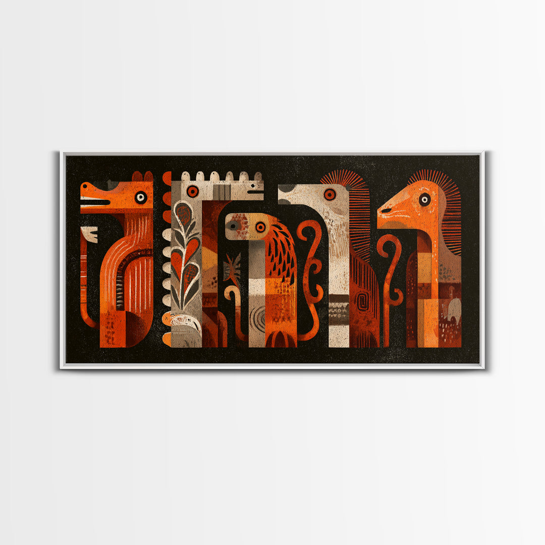 Orange Tribal Bird And Animal Figures Canvas Print, African Inspired Wall Art, Boho Geometric Safari Home Decor, Mid Century Gift