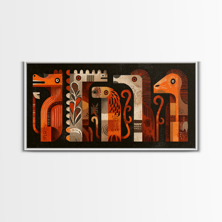 Orange Tribal Bird And Animal Figures Canvas Print, African Inspired Wall Art, Boho Geometric Safari Home Decor, Mid Century Gift