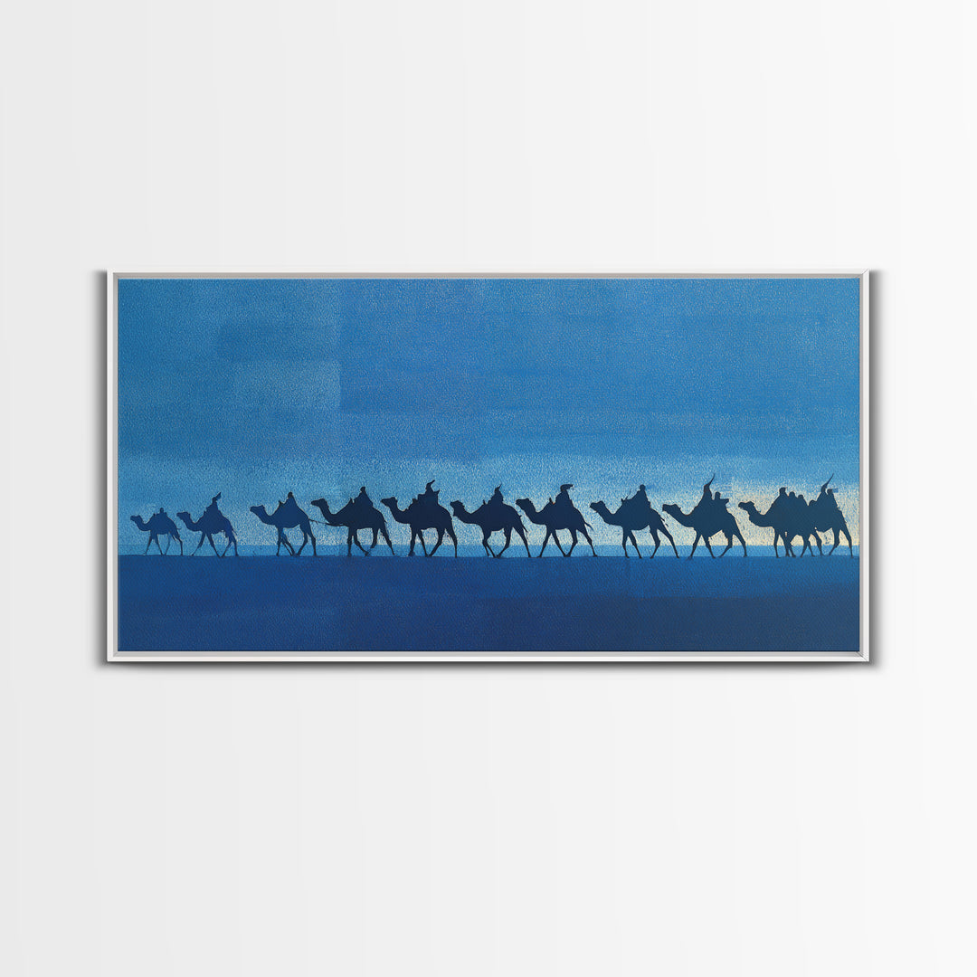 Blue Desert Camel Caravan Silhouette Wall Art, African Safari Print, Nomad Travel Decor, Modern Blue Landscape Poster Gift