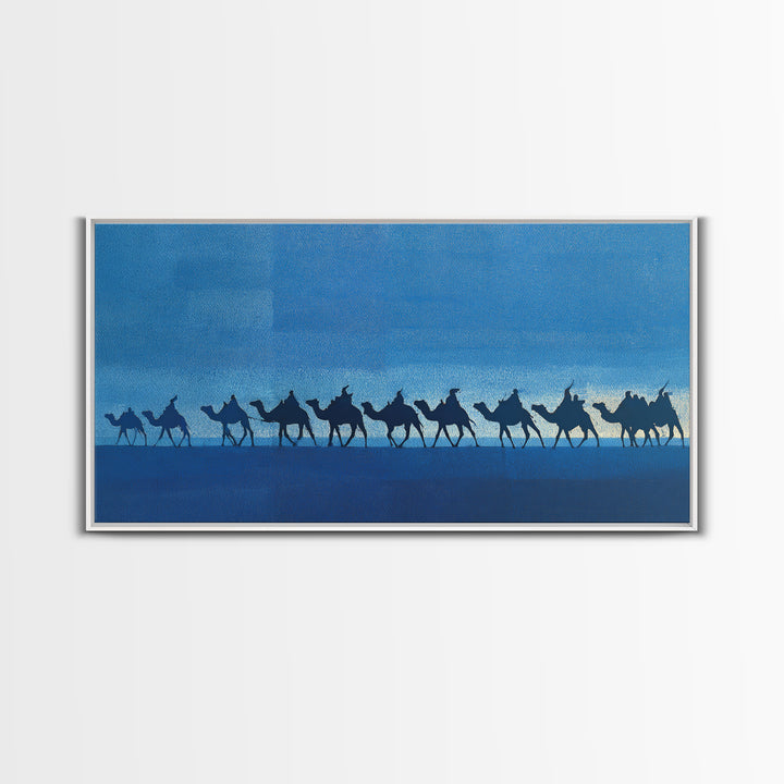 Blue Desert Camel Caravan Silhouette Wall Art, African Safari Print, Nomad Travel Decor, Modern Blue Landscape Poster Gift