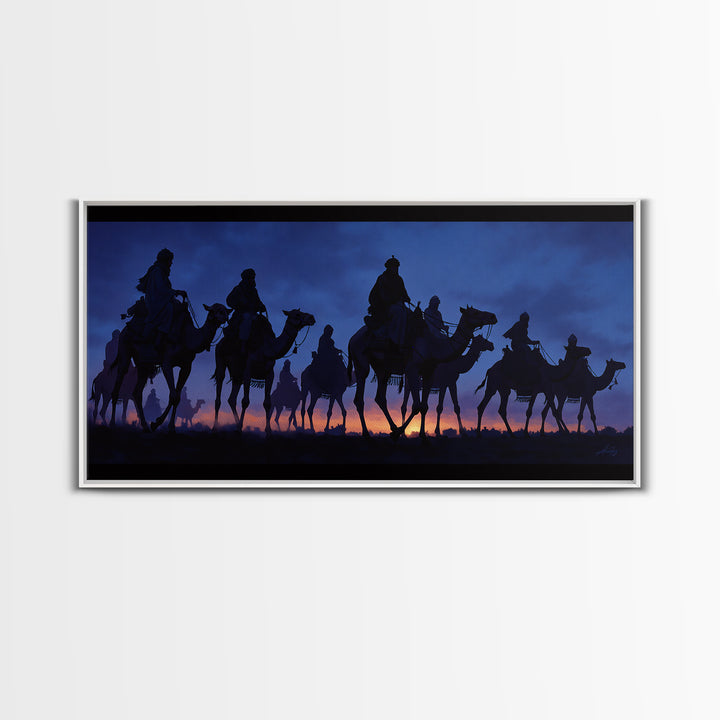 Twilight Camel Caravan Silhouette Framed Canvas Print, African Travel Wall Decor, Blue Desert Nomad Landscape Art Gift For Him